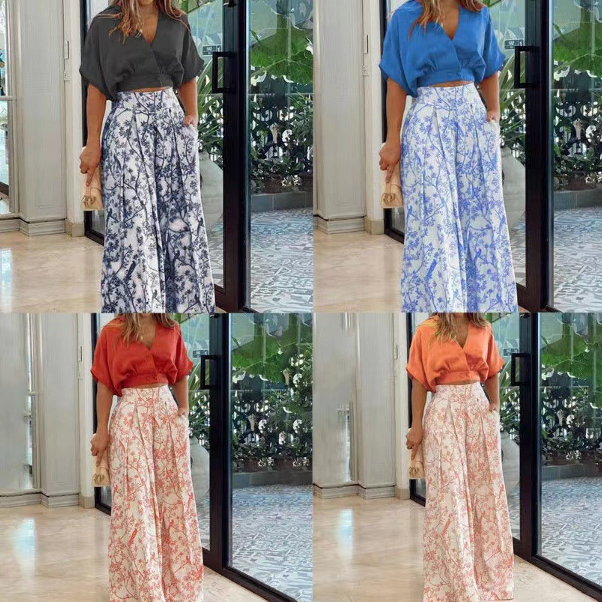 R&B | Zweiteiliges Set mit V-Ausschnitt und Hose mit weitem Bein