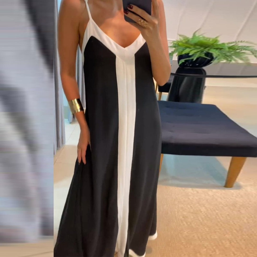 R&B | Kontrastfarbenes langes Kleid mit V-Ausschnitt und Strapsen