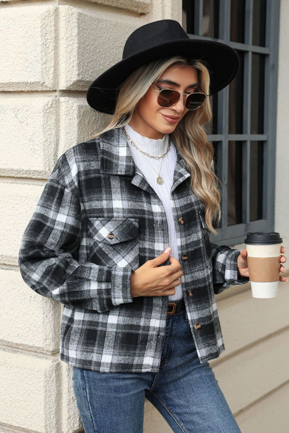 R&B | Eingeschnittener Karomuster-Kragen Jacke mit herabgesetztem Schulterdesign