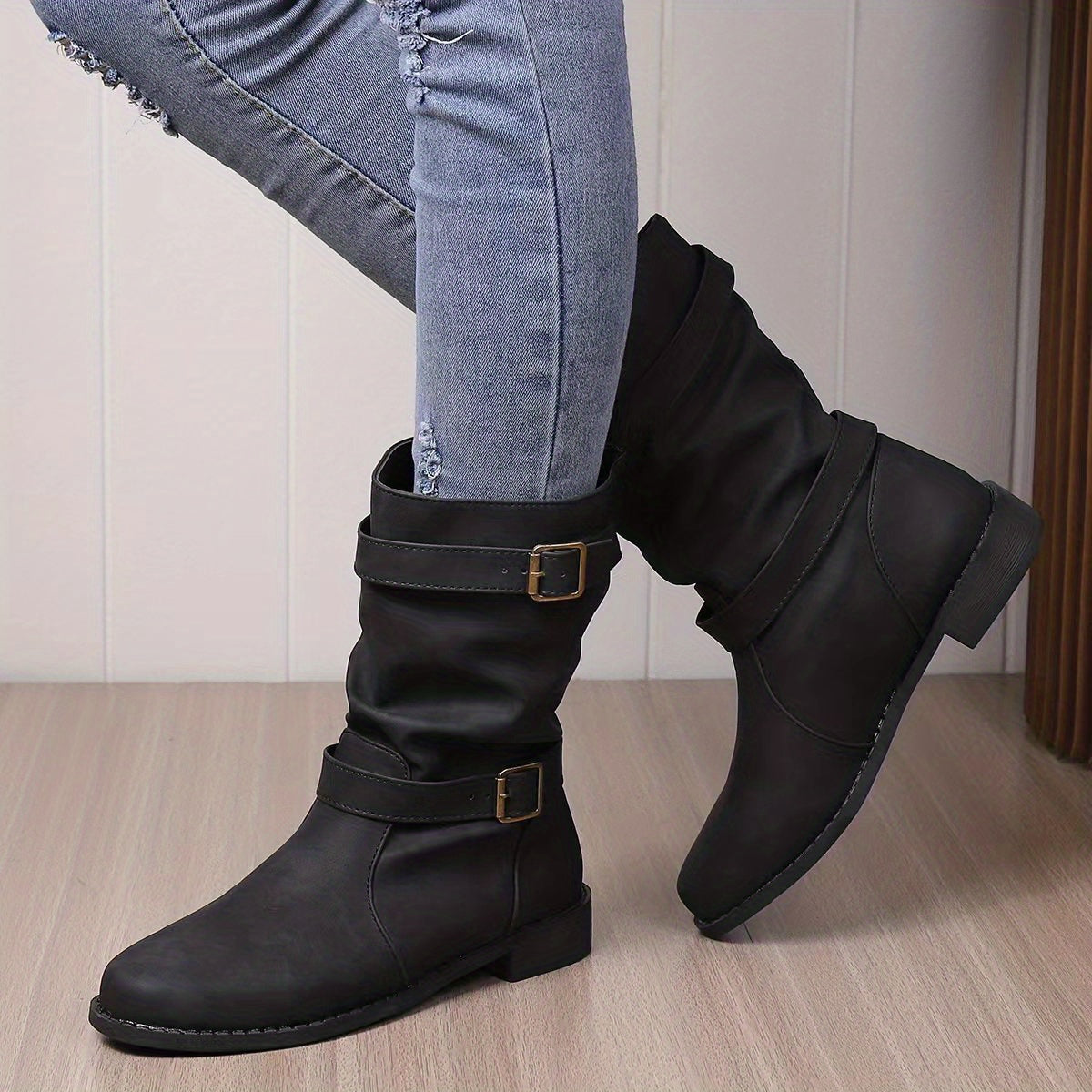R&B | Retro-Charme Schlabbernde Schnallen-Riemen Western Stiefeletten