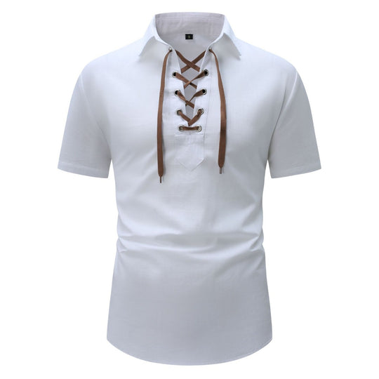 R&B | Leinen Revers Tether V-Ausschnitt Kurzarm-Shirt