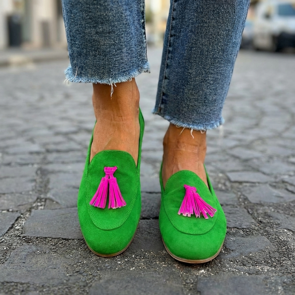 Grüne Loafer mit Pinker Fransenapplikation R&B R&B