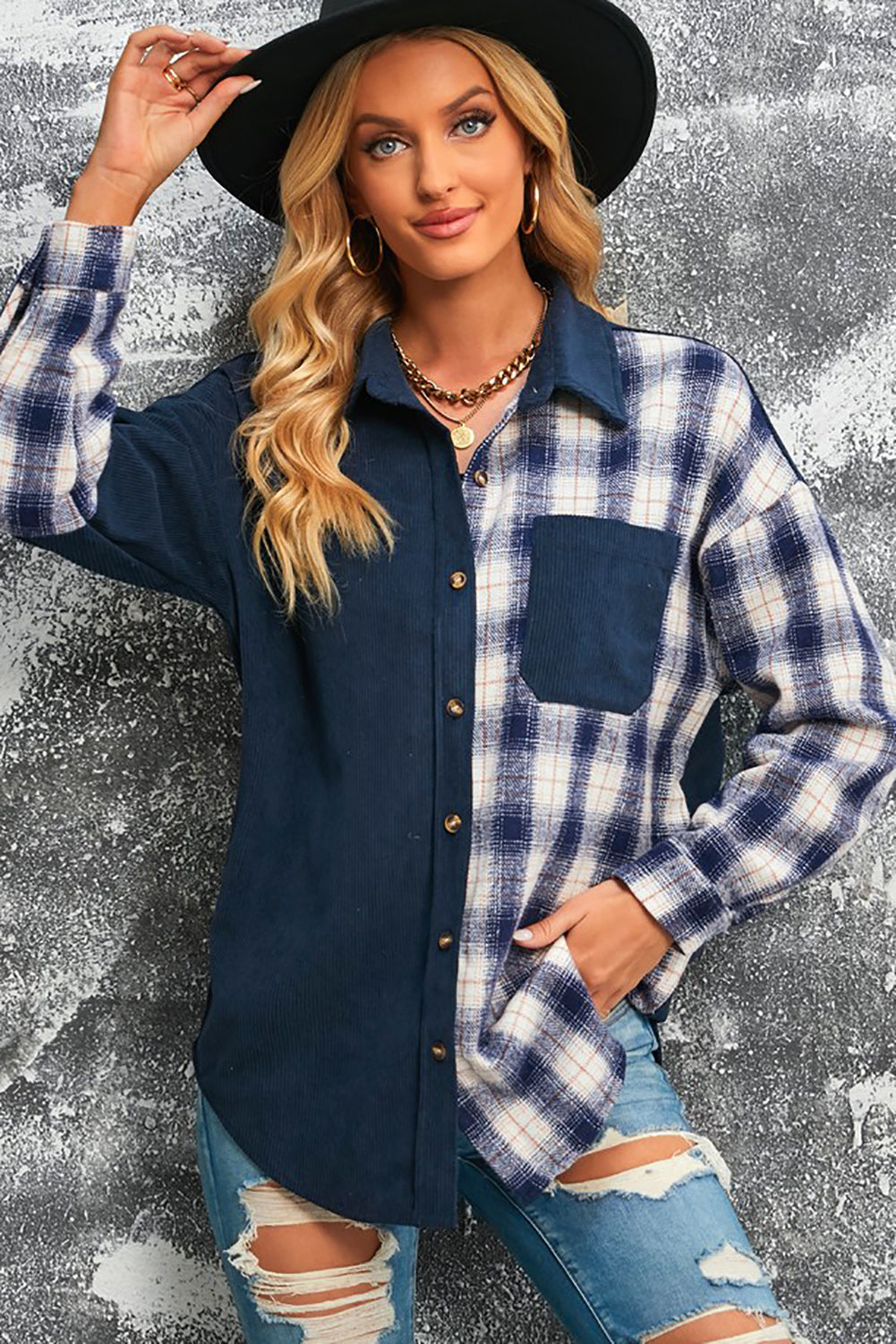 R&B | Karierte Farbblock Gefallen Schulter Corduroy Shacket