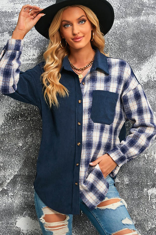 R&B | Karierte Farbblock Gefallen Schulter Corduroy Shacket