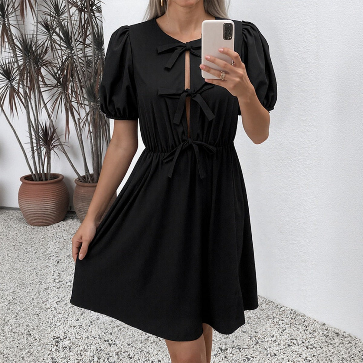 R&B | Gestreifter Rock Rundhalsausschnitt Schleife Krawattenkleid
