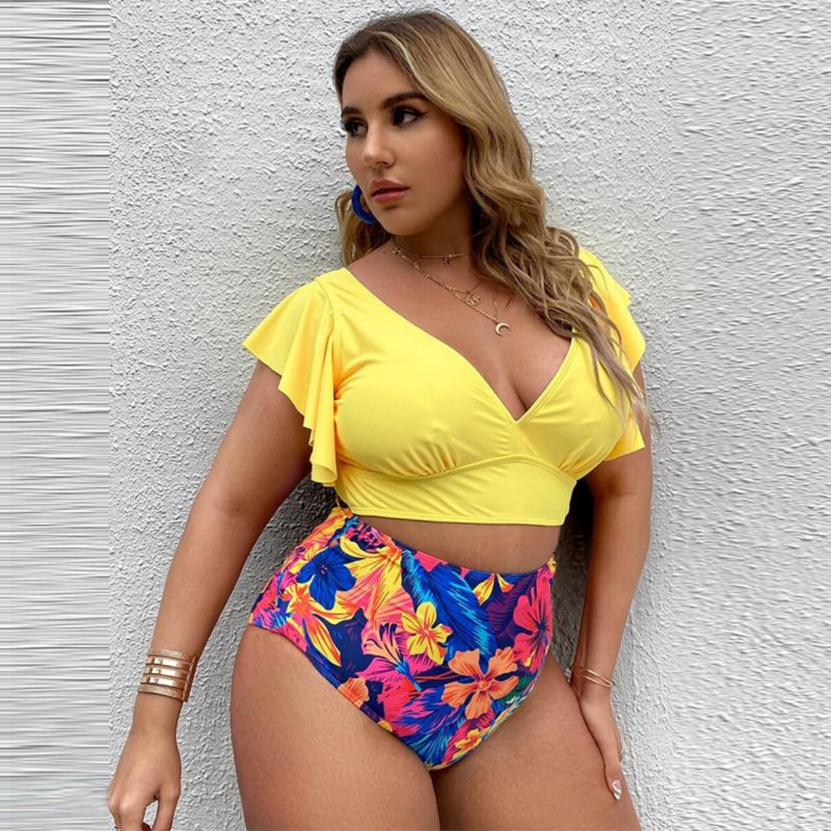 R&B | Großer Badeanzug mit Rüschendruck und hoher Taille