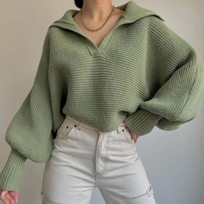 R&B | Gemütlicher Strickpullover mit Laternenärmeln und Offenem Kragen