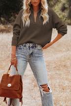 R&B | Gemütlicher, Bequemer Strickpullover mit Reißverschluss und Patchwork-Kragen