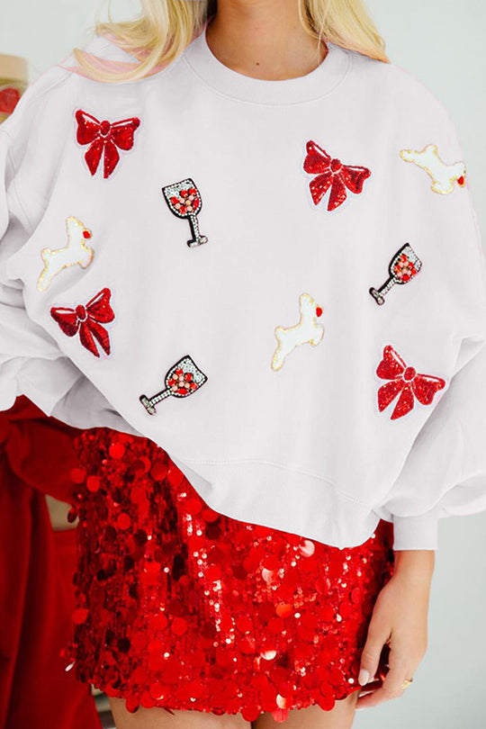R&B | Weihnachtsbogen-Wein-Glas Pailletten Lockere Lange Ärmel Sweatshirt