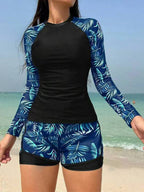 R&B | Langarm Print Spleißen Doppelhose Tankini Badeanzug