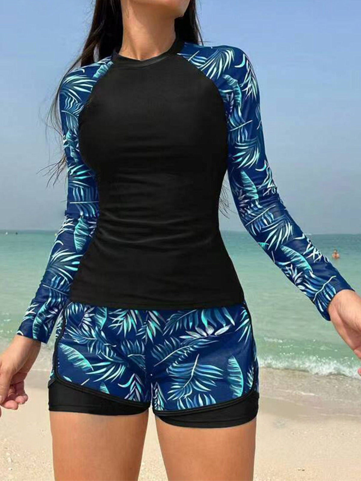 R&B | Langarm Print Spleißen Doppelhose Tankini Badeanzug