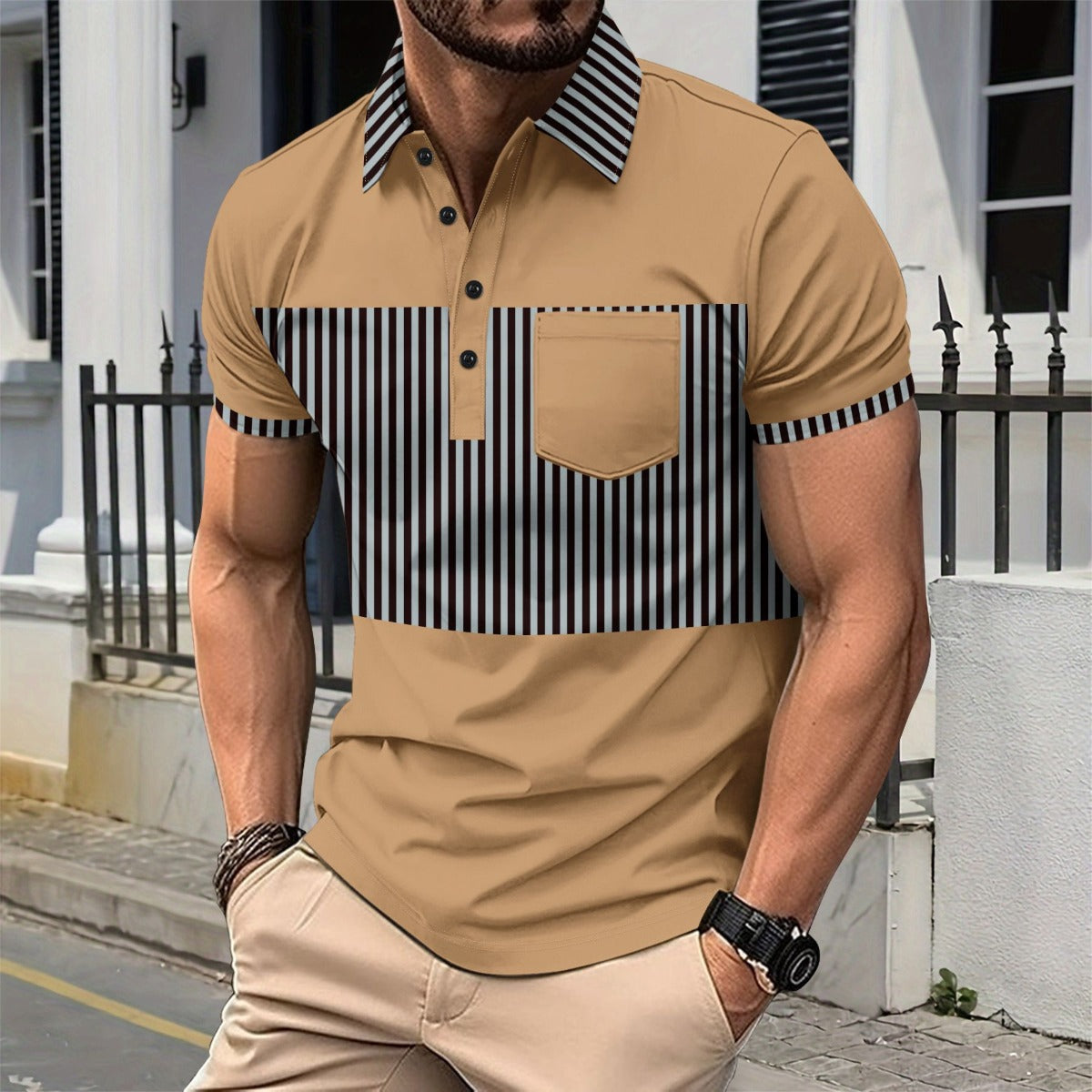 R&B | Tasche Knopf Revers gestreiftes Farbschema T-Shirt