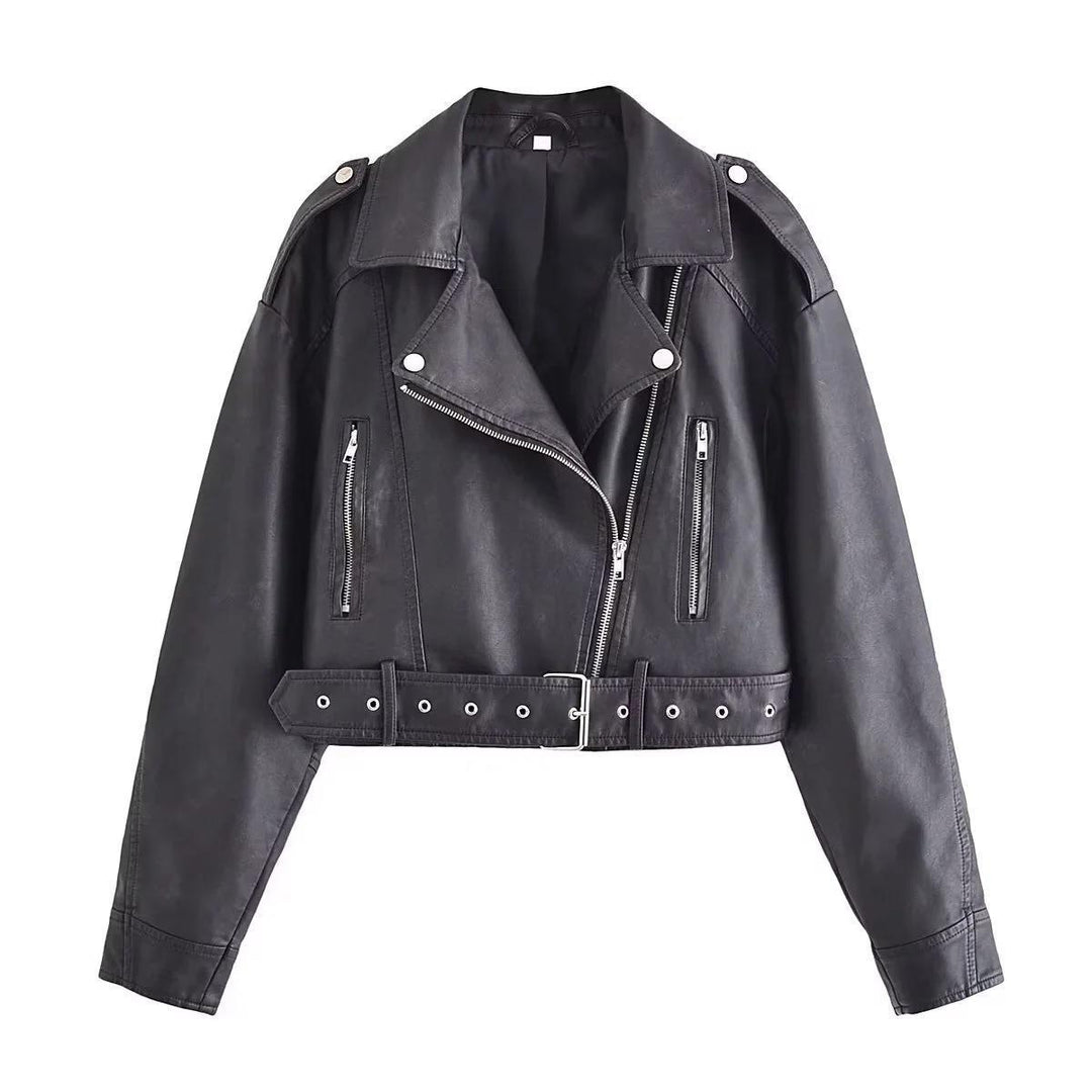R&B | Damen PU Motorradjacke mit Reißverschluss und Gürtel