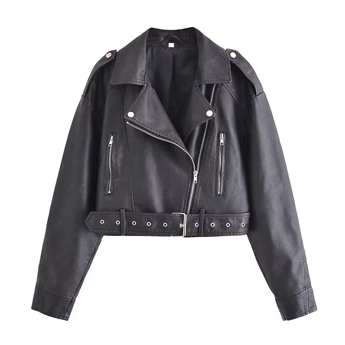 R&B | Damen PU Motorradjacke mit Reißverschluss und Gürtel