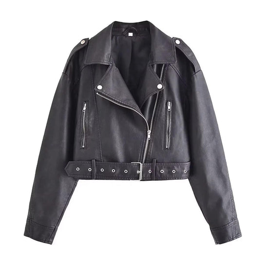 R&B | Damen PU Motorradjacke mit Reißverschluss und Gürtel