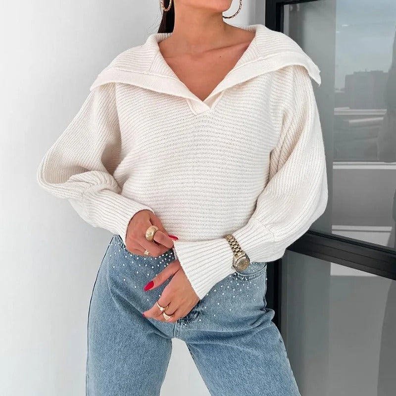 R&B | Gemütlicher Strickpullover mit Laternenärmeln und Offenem Kragen