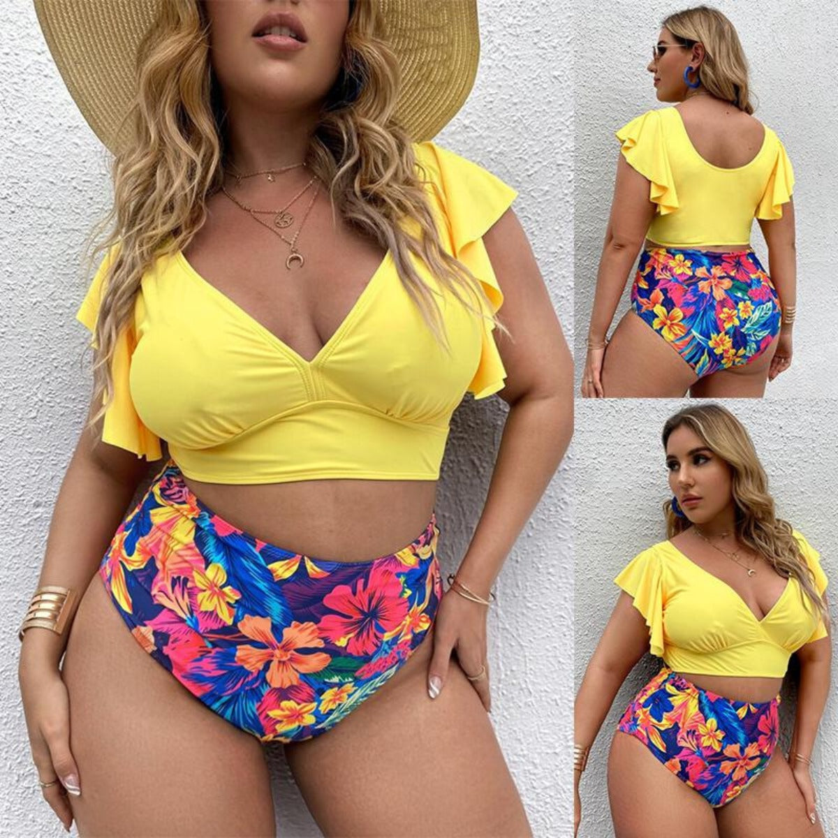 R&B | Großer Badeanzug mit Rüschendruck und hoher Taille