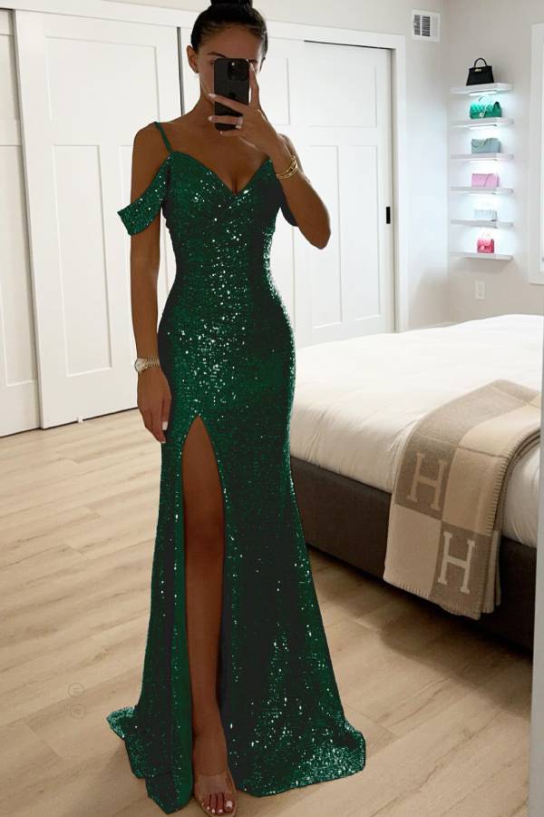 R&B | Paillettenspitze Meerjungfrau Abschlussballkleider mit Schlitz Off-Shoulder Abendkleid