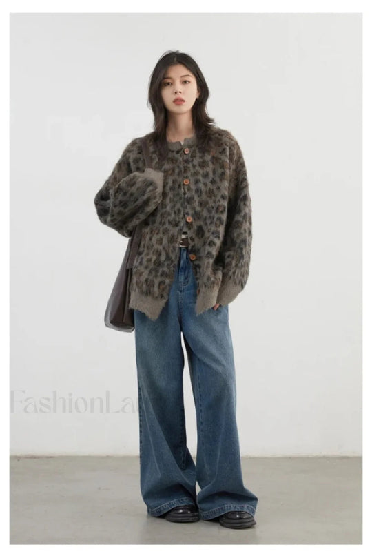 R&B | Gemütlicher Leopardenmuster Einreiher Cardigan