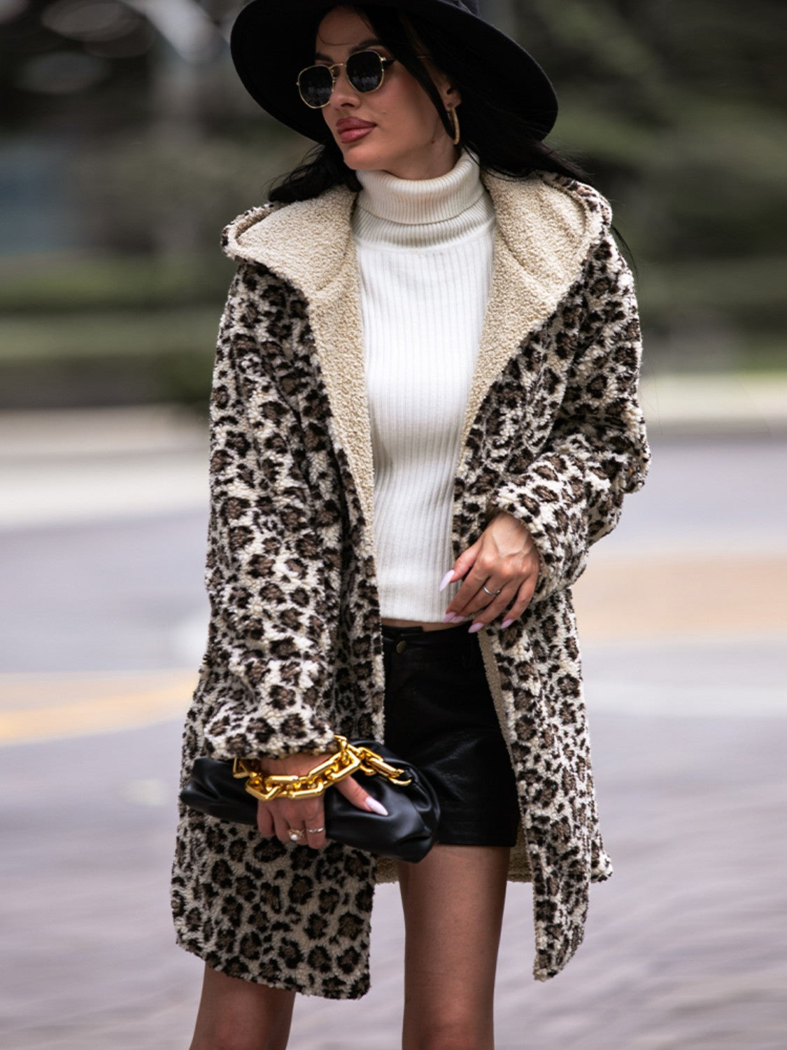 R&B | Leoparden Kapuzenmantel mit Taschen