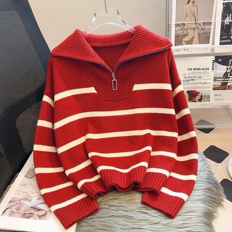 R&B | Modischer locker sitzender gestreifter -Pullover mit Reißverschluss ideal für den Winter