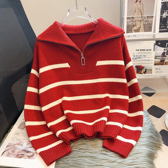 R&B | Modischer locker sitzender gestreifter -Pullover mit Reißverschluss ideal für den Winter