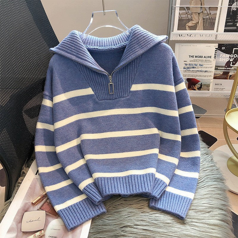 R&B | Modischer locker sitzender gestreifter -Pullover mit Reißverschluss ideal für den Winter