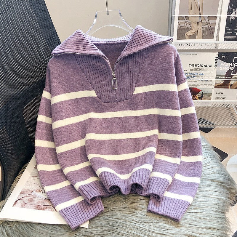 R&B | Modischer locker sitzender gestreifter -Pullover mit Reißverschluss ideal für den Winter