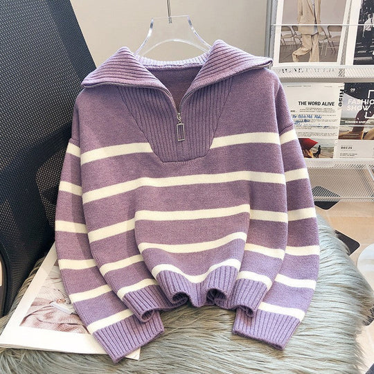 R&B | Modischer locker sitzender gestreifter -Pullover mit Reißverschluss ideal für den Winter