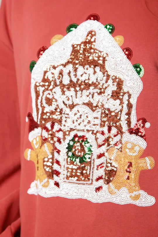 R&B | Weihnachts Süßigkeitenhaus Pailletten Lässiger Lockere Pullover