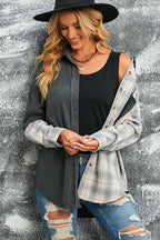R&B | Karierte Farbblock Gefallen Schulter Corduroy Shacket