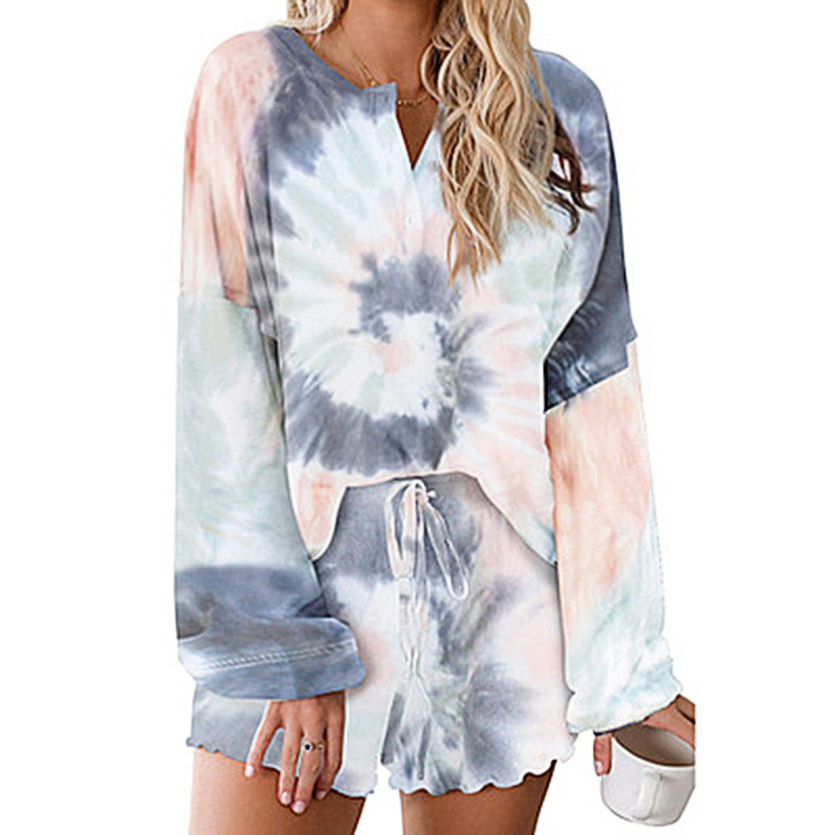 R&B | Batik bedrucktes Langarm-Shorts-Set