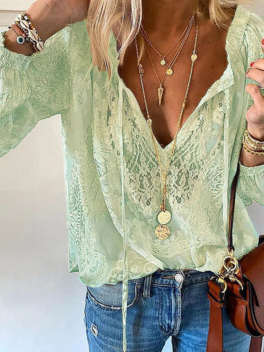 R&B | V-Ausschnitt Spitzen Chiffon Bluse