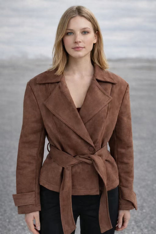 Damen Luxus Wildlederjacke mit taillierbarem Gürtel und elegantem Revers R&B