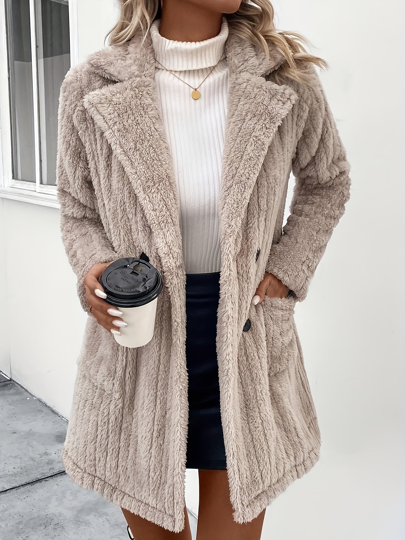 R&B | Doppelknopf-plüschjacke mit Reverskragen Polyester Weich und Warm