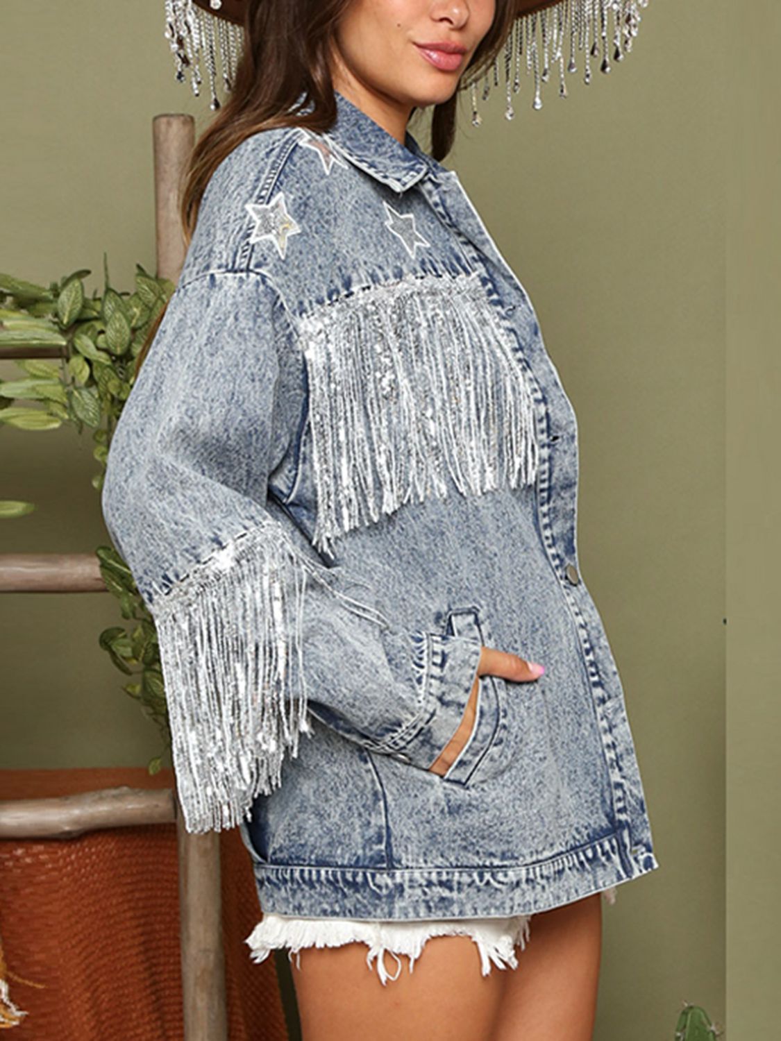 R&B | Fransen Details Lange Ärmel Denimjacke