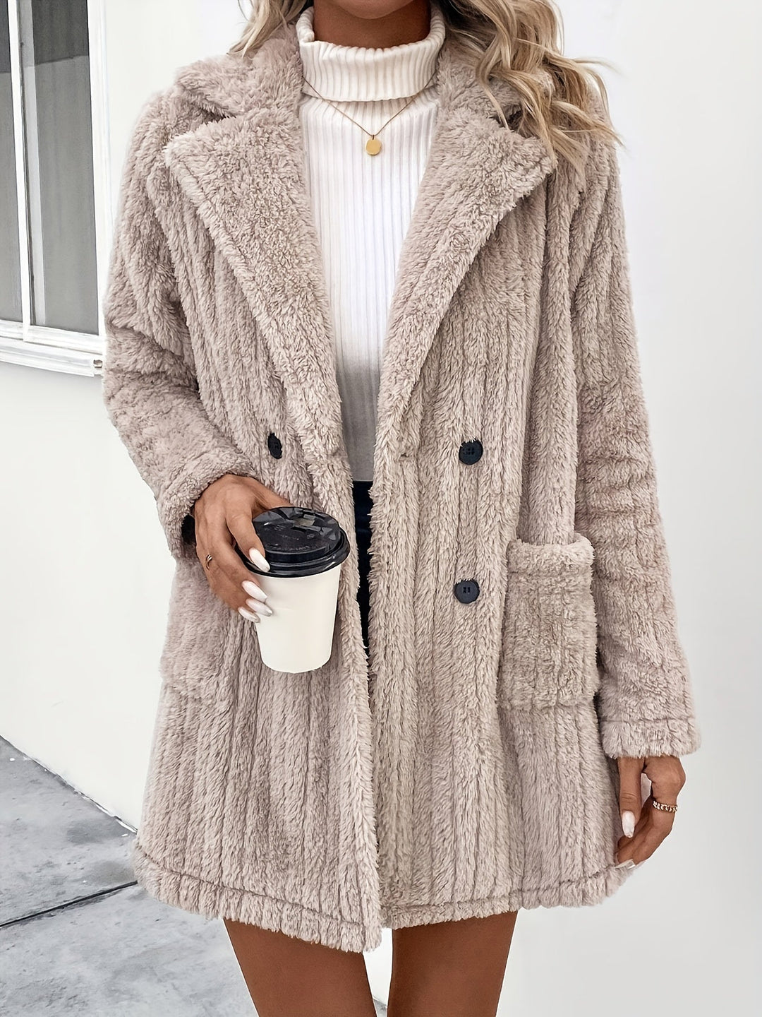 R&B | Doppelknopf-plüschjacke mit Reverskragen Polyester Weich und Warm