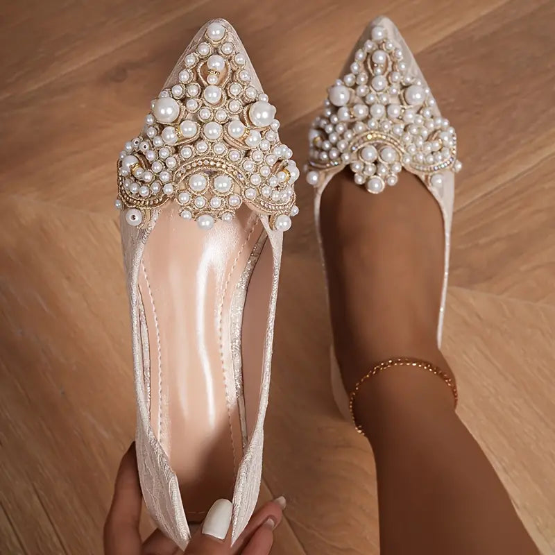 R&B | Elegante Braut Ballerinas mit Spitze und Kunstperlen
