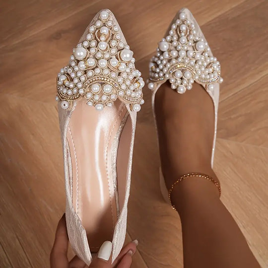 R&B | Elegante Braut Ballerinas mit Spitze und Kunstperlen