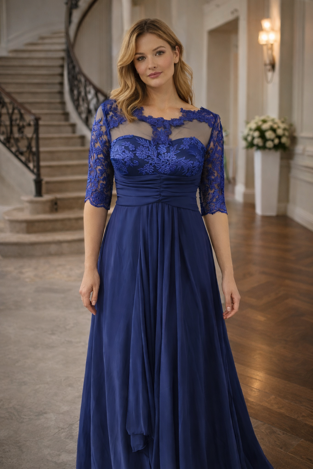Damen Elegantes Abendkleid mit floralen Spitzenakzenten und schwingendem Rock R&B