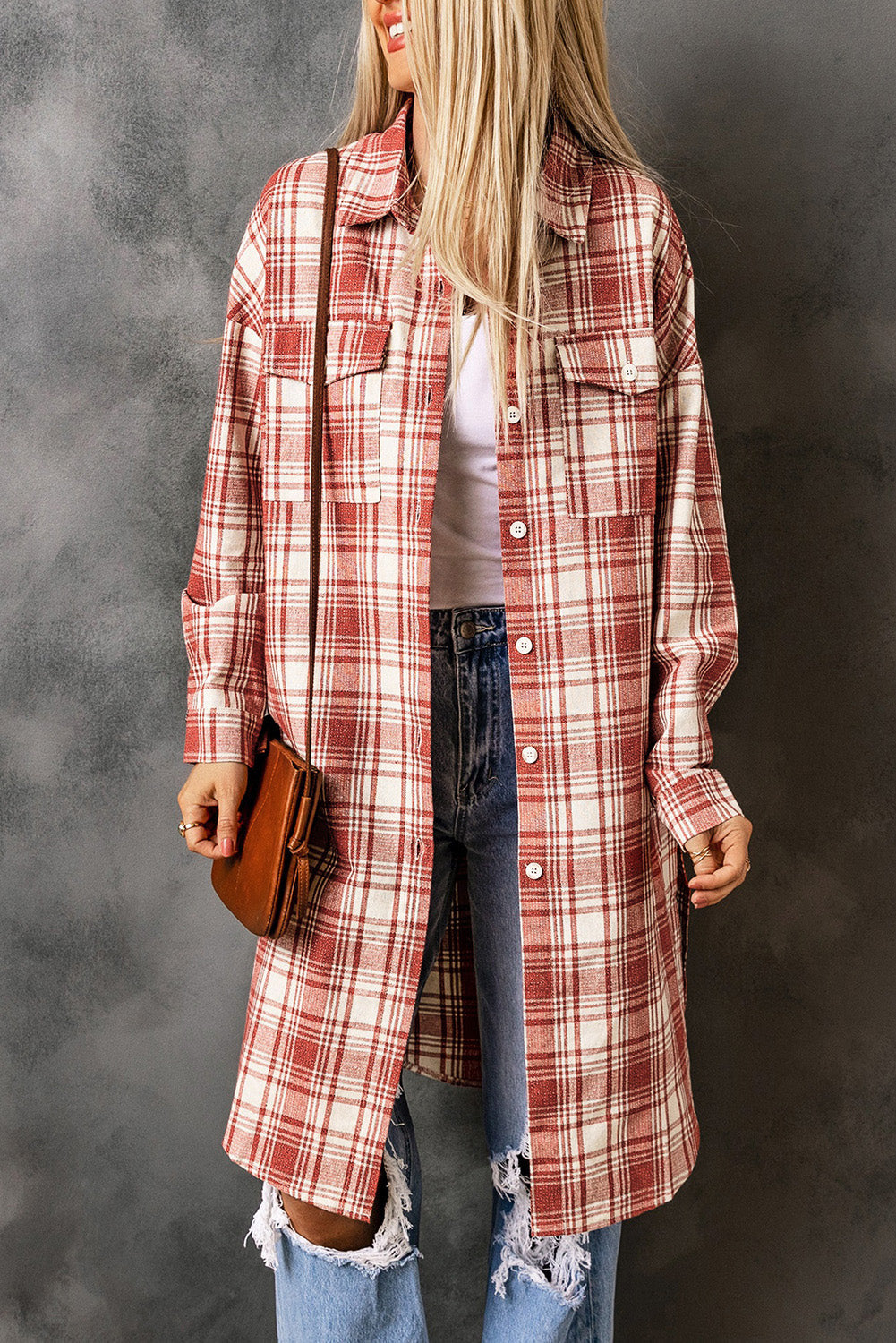 R&B | Karierter Button-Up Longline Shacket mit Brusttaschen