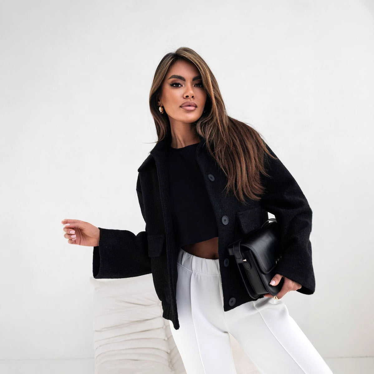 R&B | Übergroße Wollmischung Kurze Jacke mit Knopfleiste und Taschen