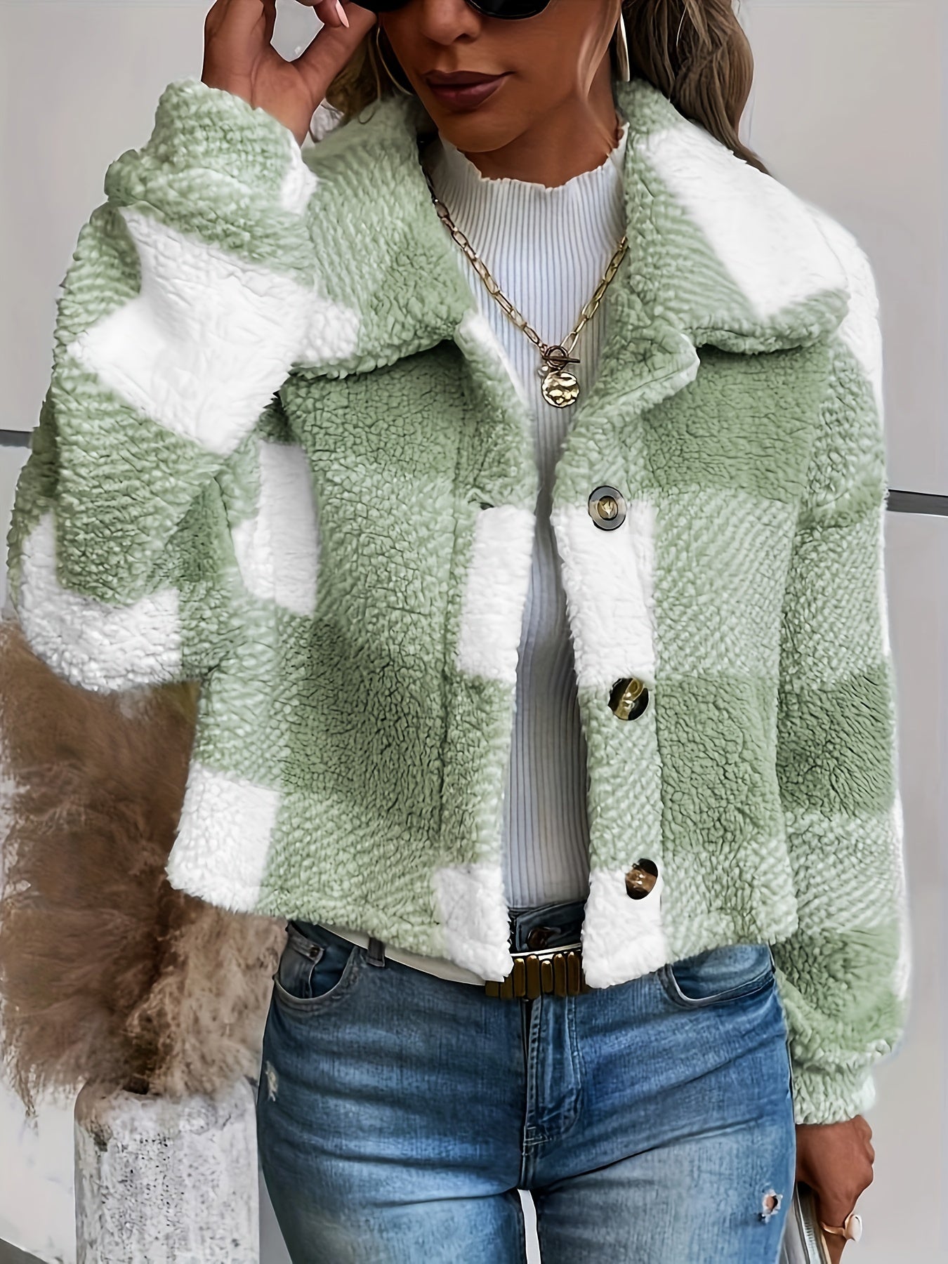 R&B | Karierter Teddy-Mantel mit Knopfverschluss