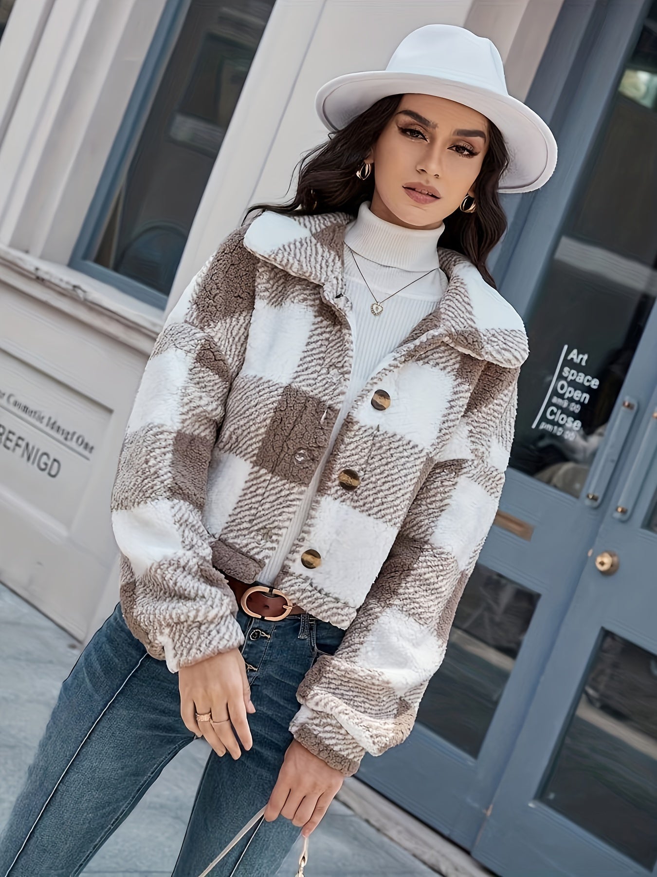 R&B | Karierter Teddy-Mantel mit Knopfverschluss