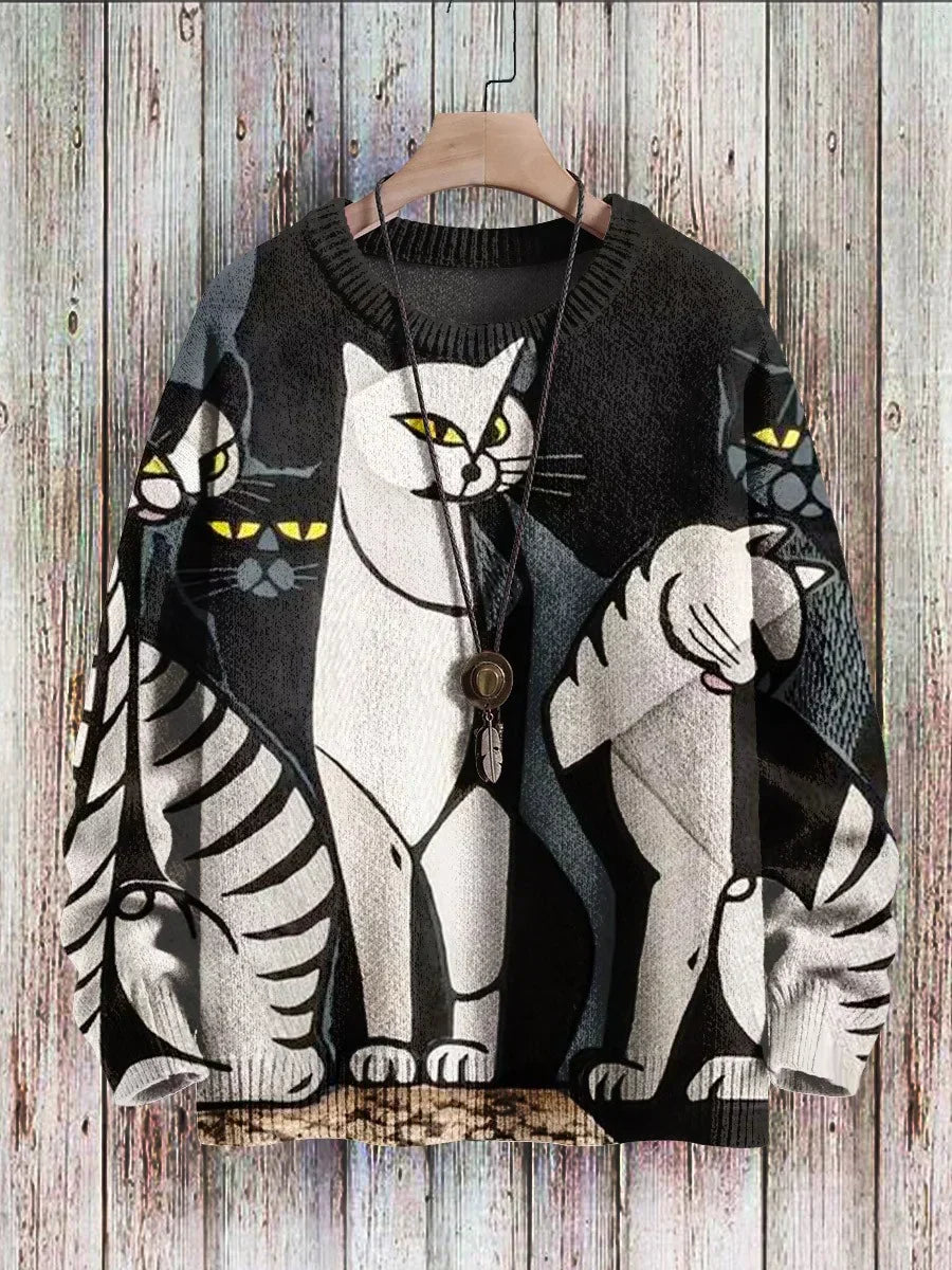 R&B | Fröhlicher Katzenprint-Pullover für Frauen