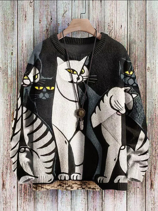 R&B | Fröhlicher Katzenprint-Pullover für Frauen