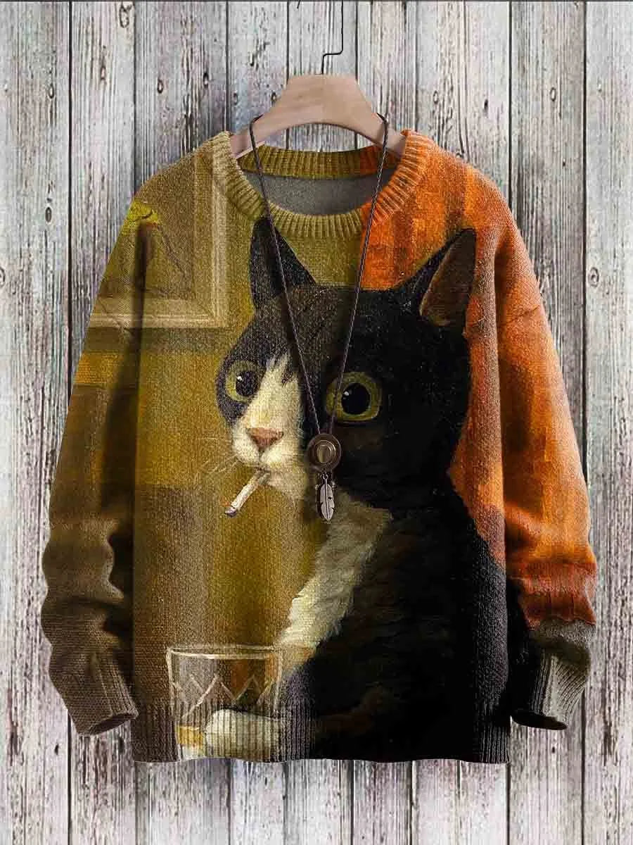 R&B | Fröhlicher Katzenprint-Pullover für Frauen