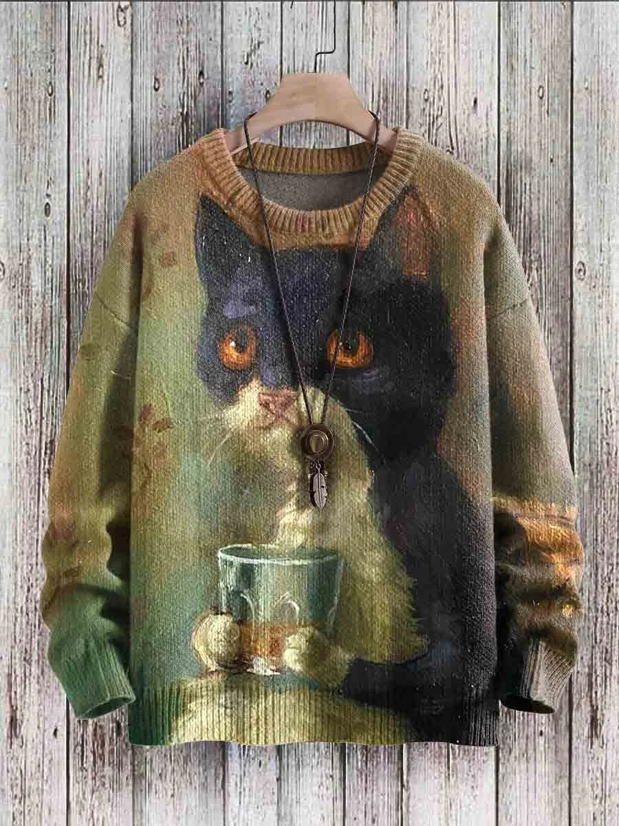 R&B | Fröhlicher Katzenprint-Pullover für Frauen
