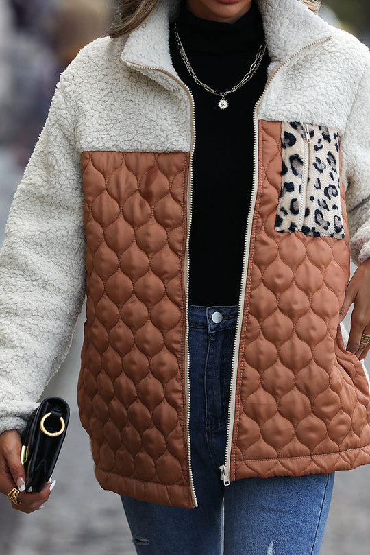 R&B | Zip-Jacke mit Stehkragen aus Sherpa mit Leoparden-Patches