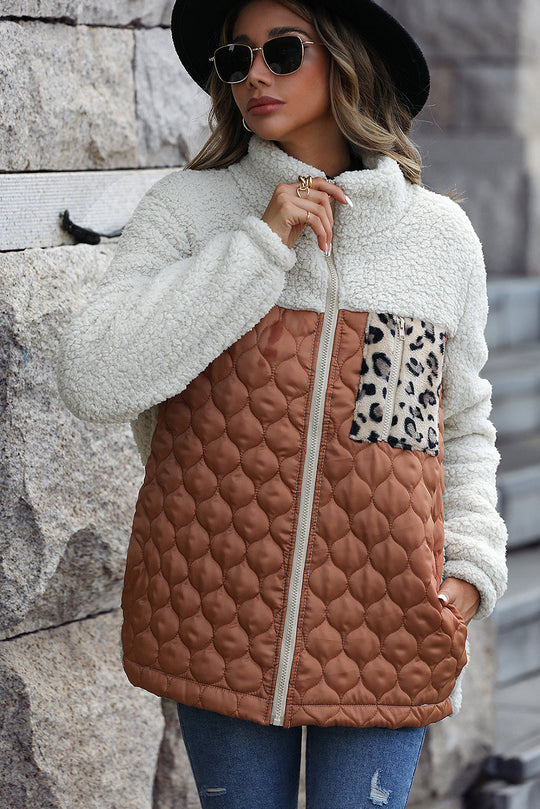 R&B | Zip-Jacke mit Stehkragen aus Sherpa mit Leoparden-Patches